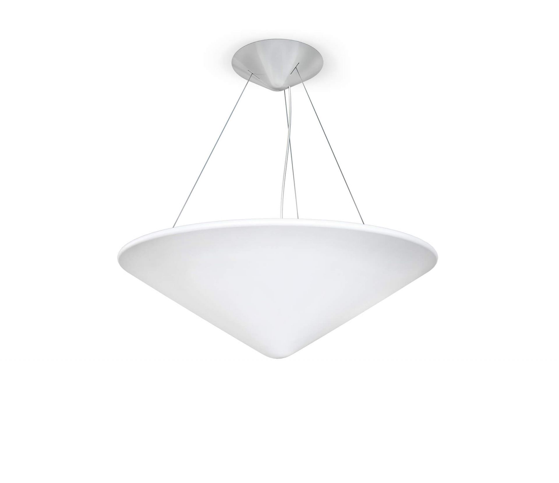 Weiße Cao Mao Pendelleuchte mit kegelförmigem Lampenschirm und filigranen Aufhängungsseilen. Moderne Innenraumbeleuchtung.