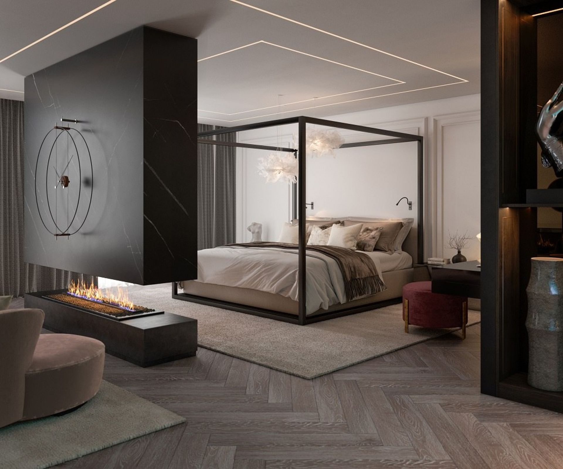 Schlafzimmer mit Kamin und Barcelona Clock Wanduhr, modernes Designelement für stilvolle Wohnräume.