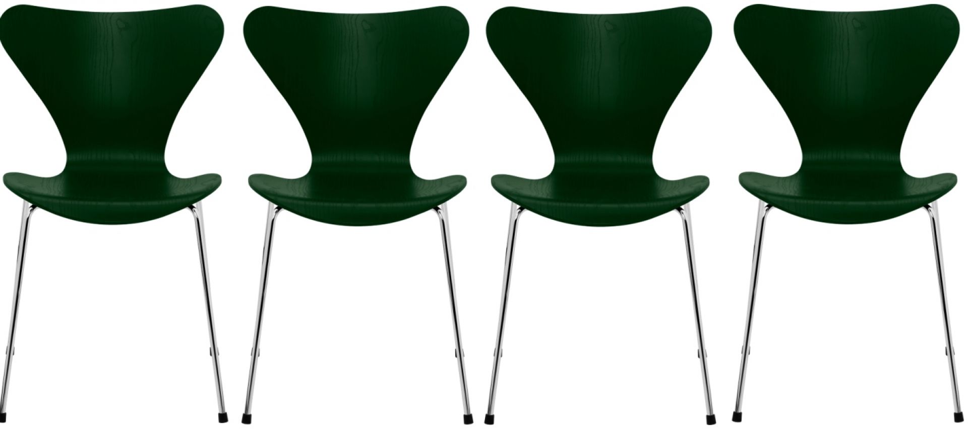 Bild von vier grünen Siebener Stühlen von Fritz Hansen mit Chromgestell.