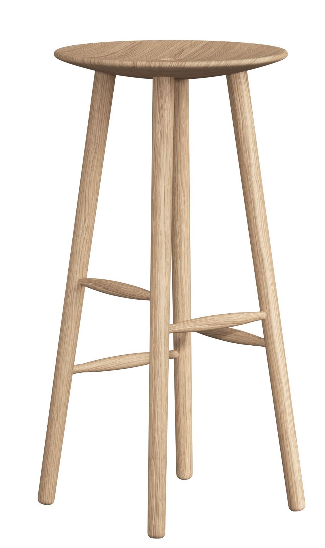 DI Volo Barhocker aus hellem Holz, 75 cm hoch, mit runder Sitzfläche und Fußstütze.