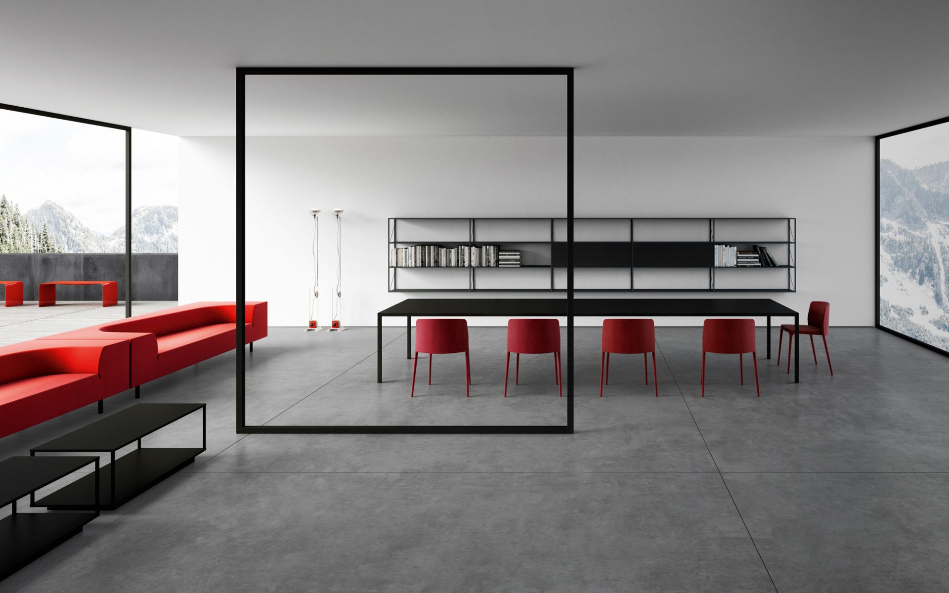 Moderner Konferenzraum mit schwarzem Tense Tisch von MDF Italia und roten Stühlen.