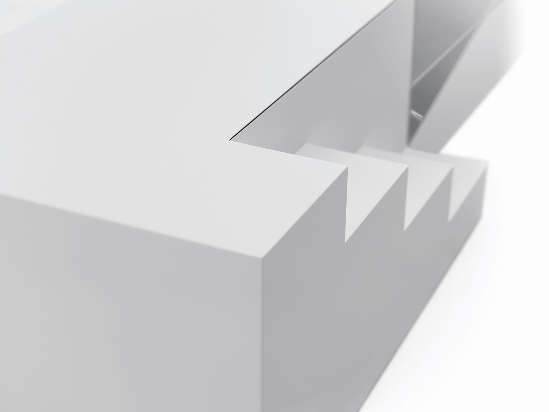 Detailaufnahme des weißen Mogg Mezzanino Beistelltisches (90x90cm) mit Treppenstruktur. Moderner Nachttisch für Schlafzimmer.