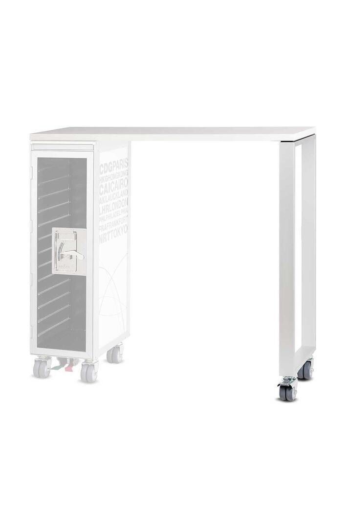 Silberner Hightable Tisch mit Bordbar-Element, Rollen und Städtenamen-Design, ideal als Stehtisch und Servierwagen.