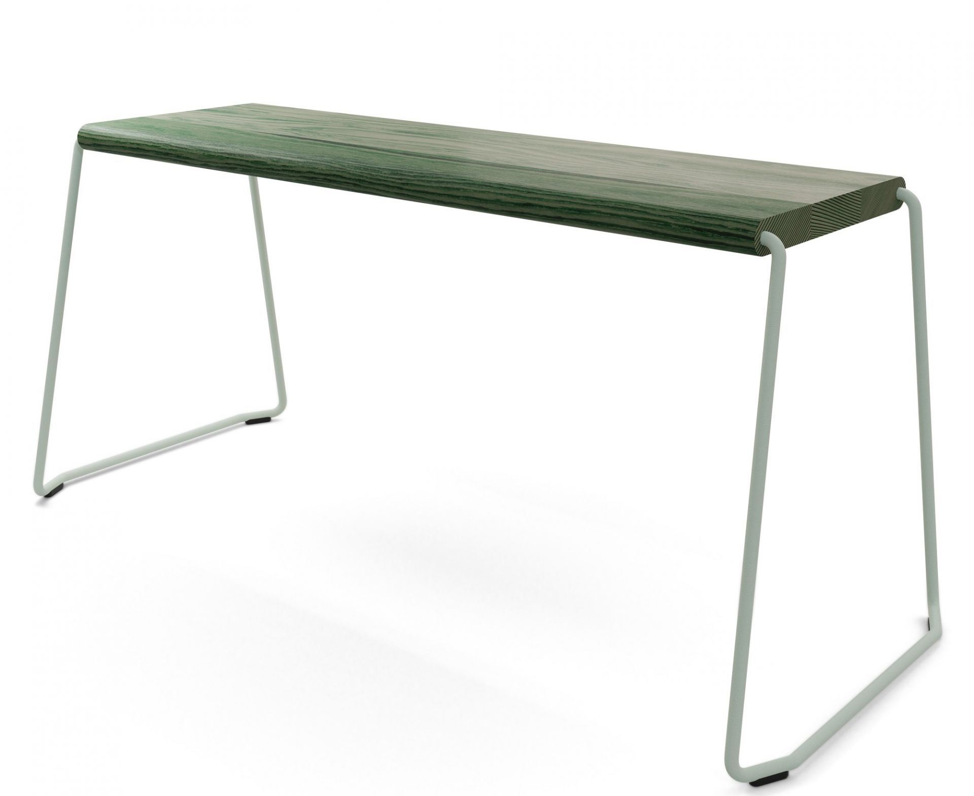 Waldgrüne Bank D:004 Fuchs & Habicht mit hellem Metallgestell für den Innenbereich.