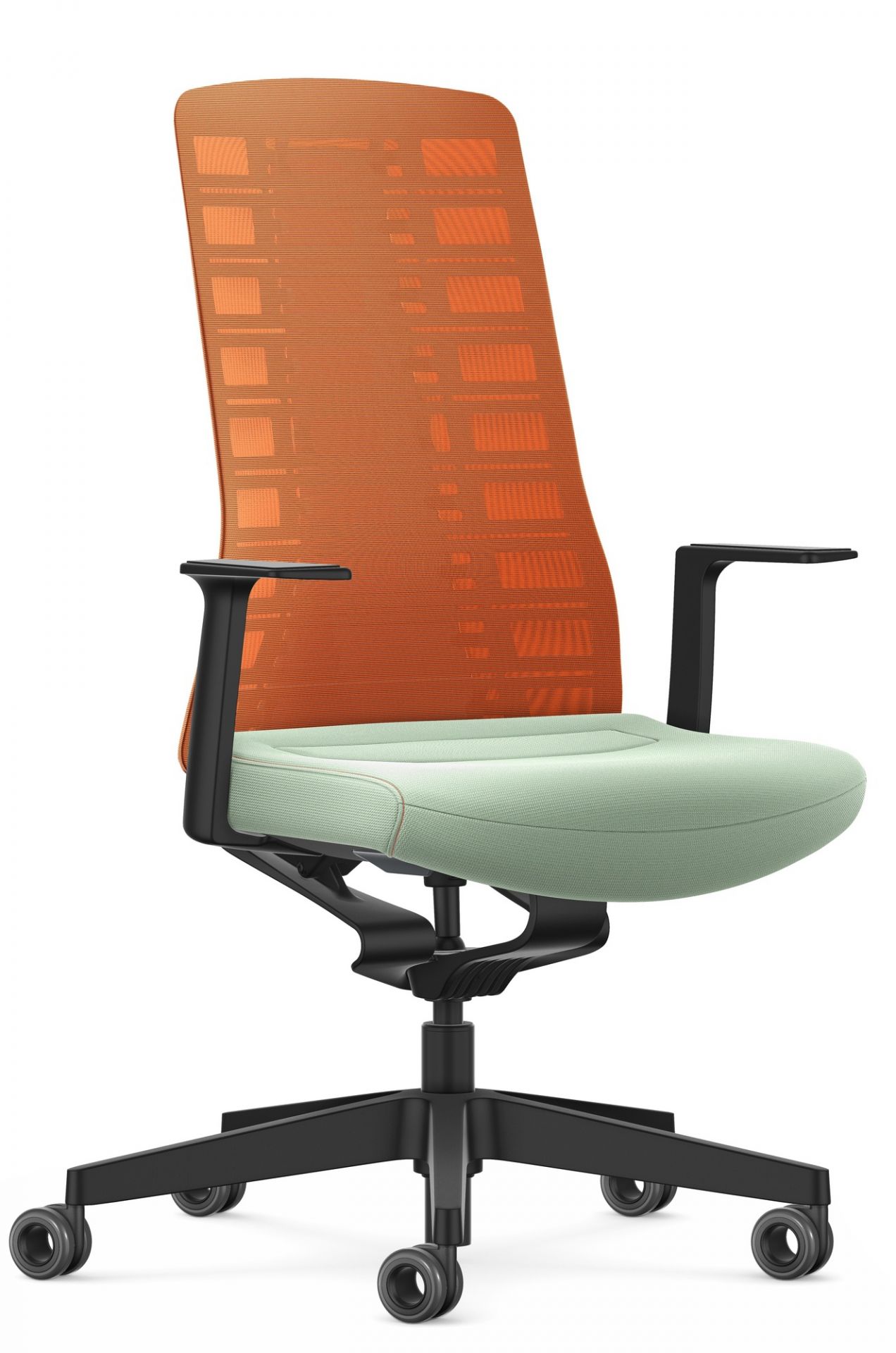 Bürostuhl Interstuhl mit orangefarbener Rückenlehne und mintgrünem Sitz, ergonomischer Drehstuhl für das Büro.