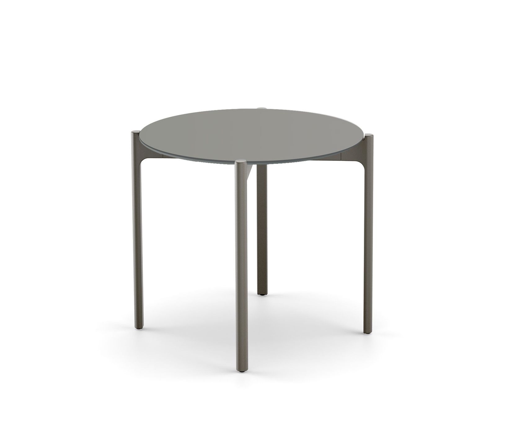 Izon Beistelltisch von Dedon, runder Gartentisch mit grauer Tischplatte und drei Beinen.
