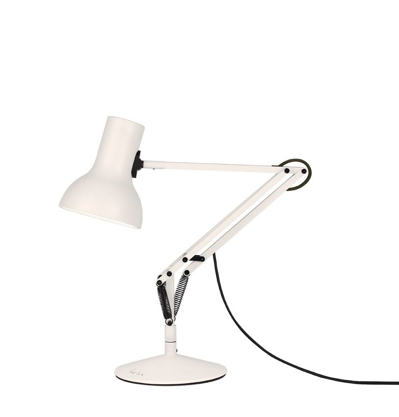 Weiße Anglepoise Type 75 Mini Tischleuchte, modernes Design mit verstellbarem Arm und Lampenschirm.