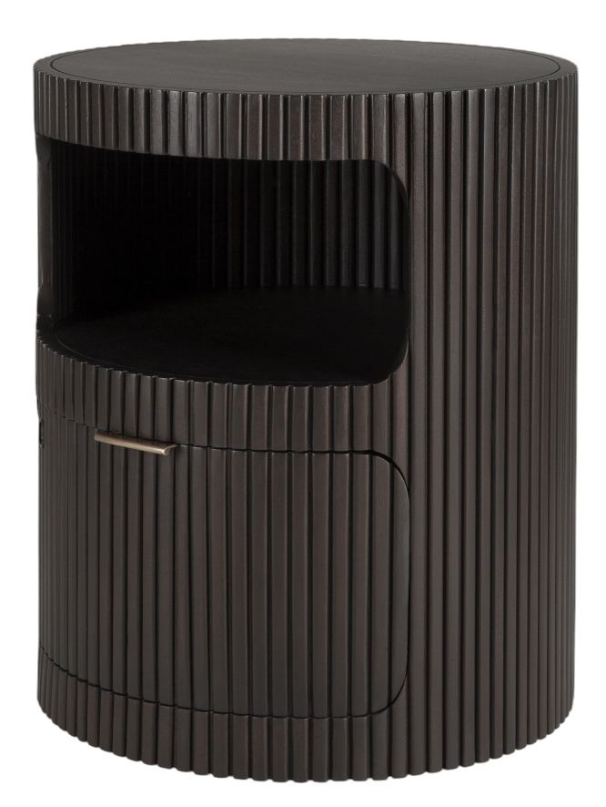 Ethnicraft Rollcontainer: Runder Nachttisch aus dunklem Holz mit Schublade und offenem Fach.