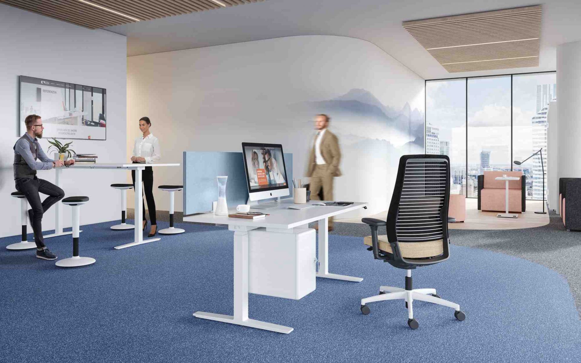 Büro mit Container von König und Neurath unter einem höhenverstellbaren Schreibtisch. Stauraum für Büromaterial.