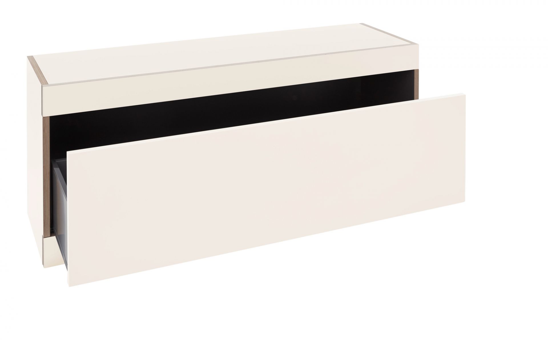 Flai Stauraumbank von Müller Möbelwerkstätten mit offenem Schubkasten in Weiß. Stauraum Möbel.