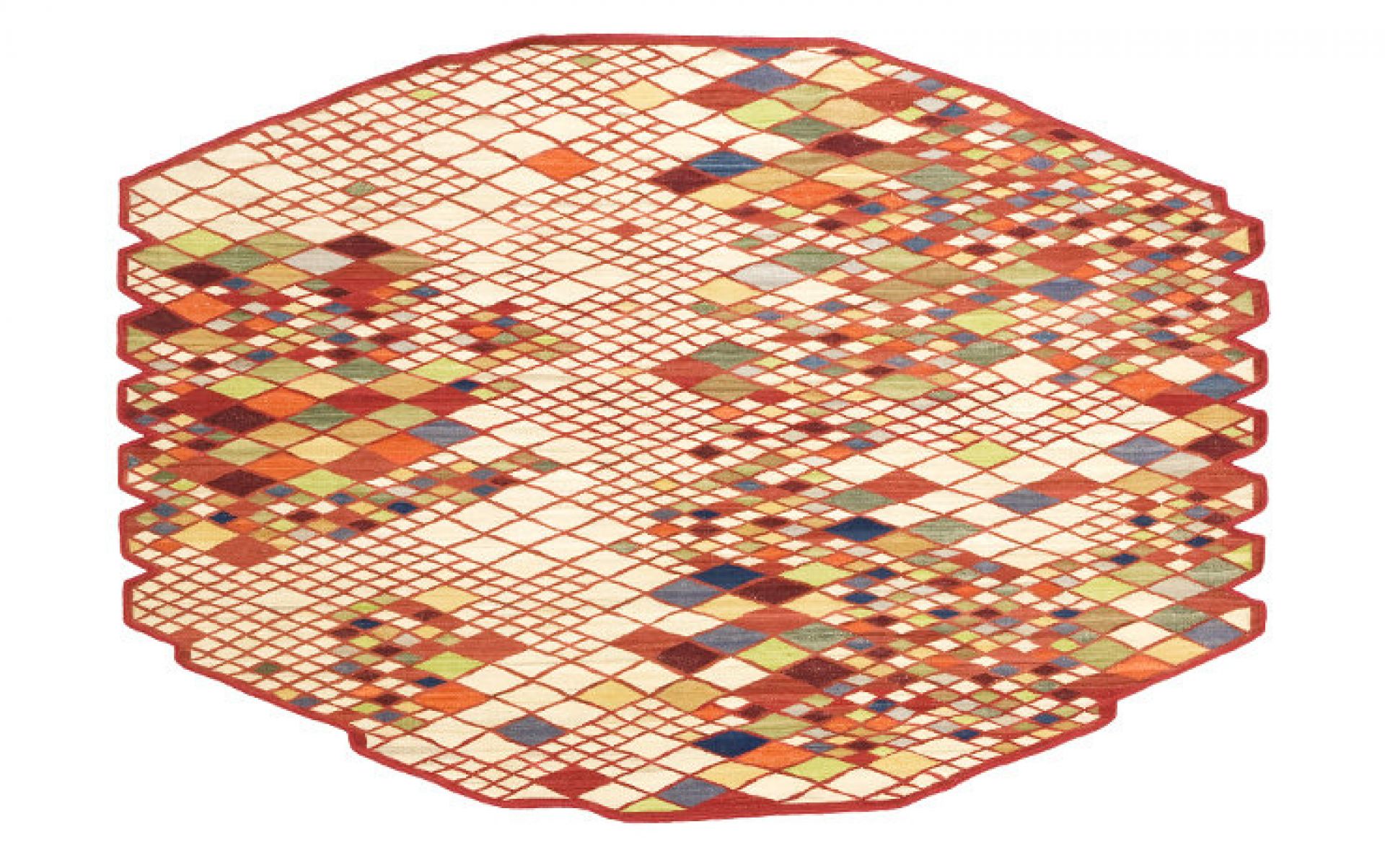 Losanges Teppich: Handgeknüpfter Wollteppich mit Rautenmuster in verschiedenen Farben auf beigem Grund.