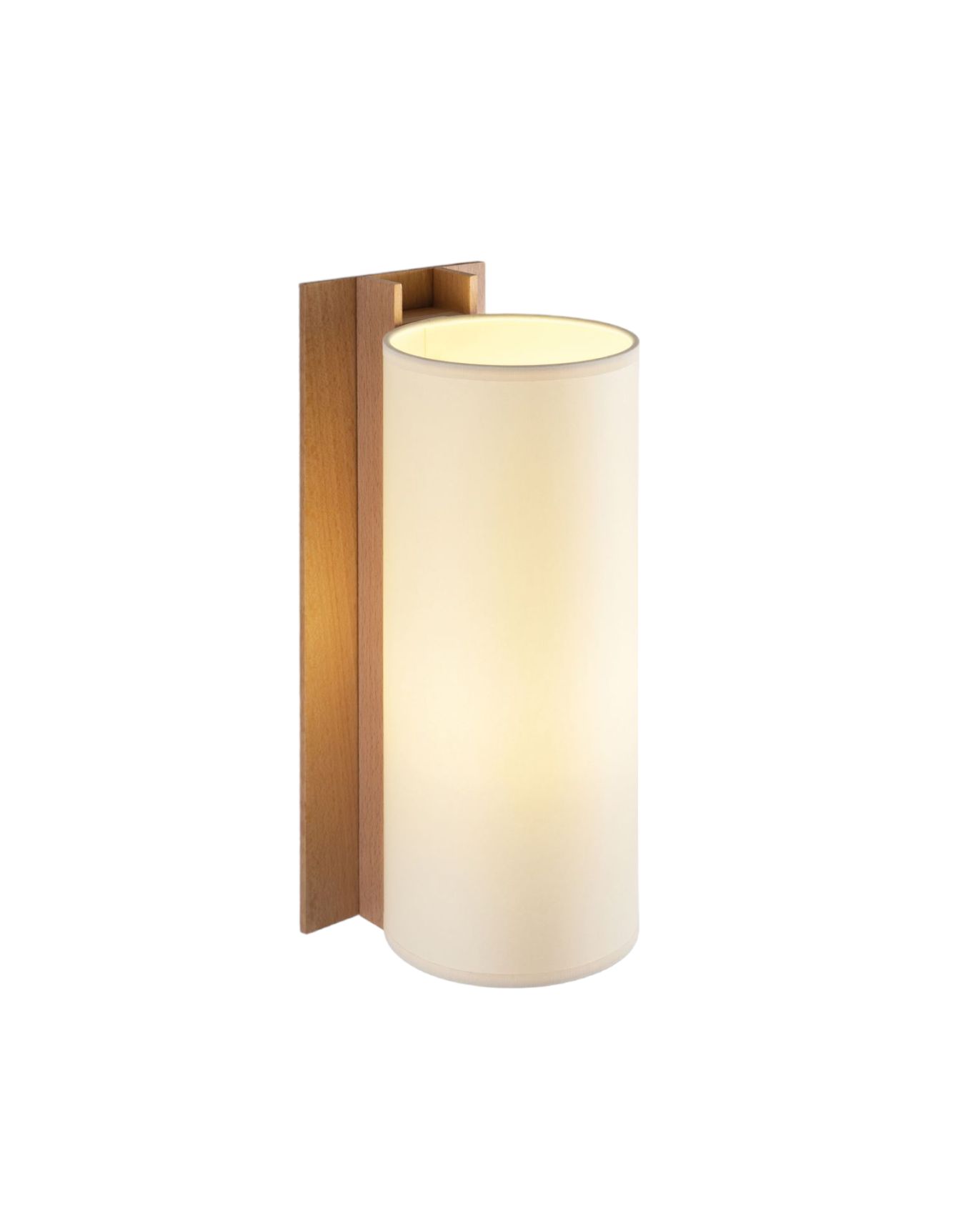 Santa & Cole TMM Largo Wandleuchte mit Holzstruktur und zylindrischem Lampenschirm aus weißem Stoff.