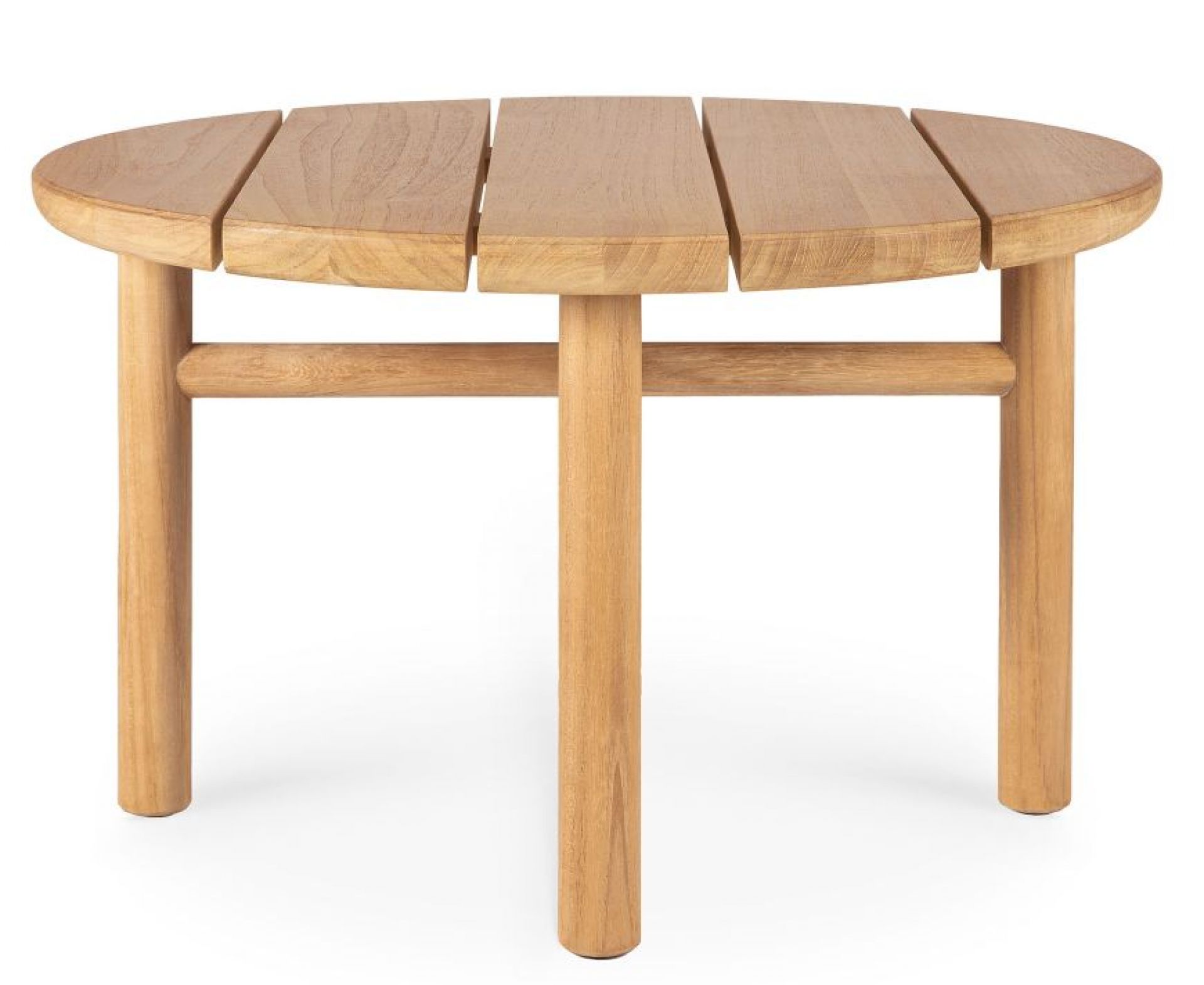 Quatro Outdoor Beistelltisch aus Teakholz von Ethnicraft, runde Tischplatte mit drei Beinen.