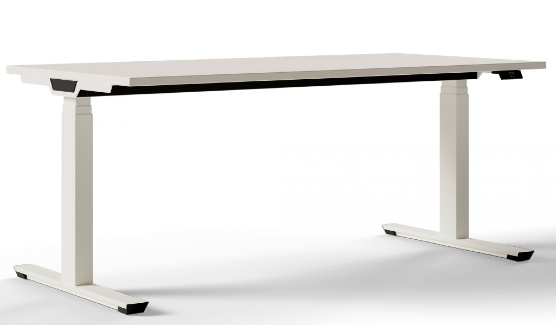 Weißer, höhenverstellbarer Schreibtisch von Palmberg, Modell Crew T, für ergonomisches Arbeiten im Büro.