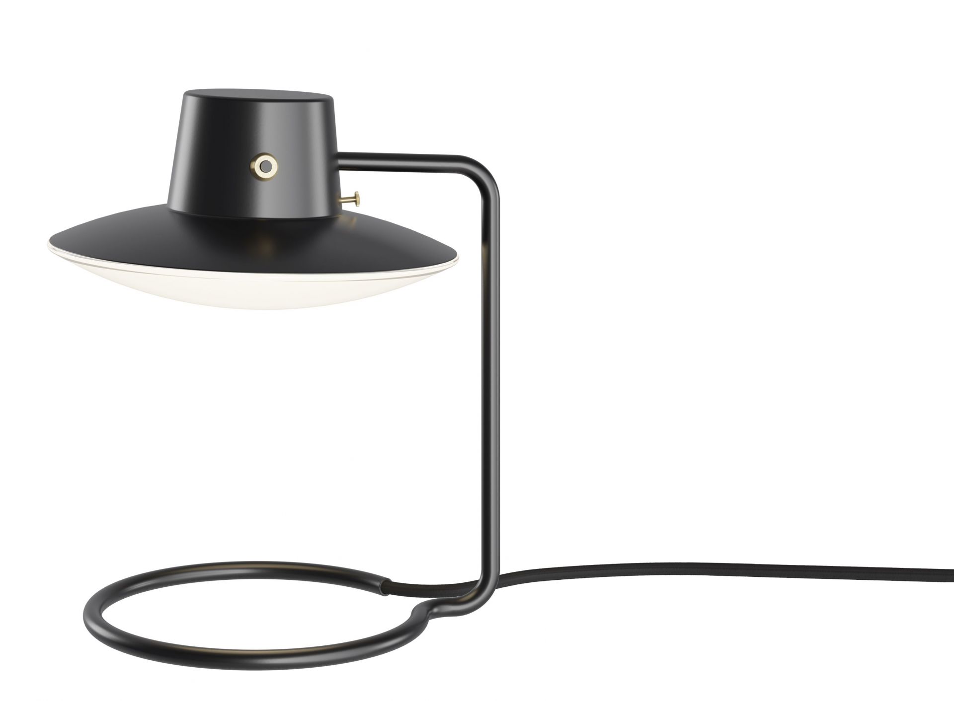 AJ Oxford Tischleuchte von Louis Poulsen, schwarzes Metall, Opalglas, modernes Design für Schreibtisch und Nachttisch.