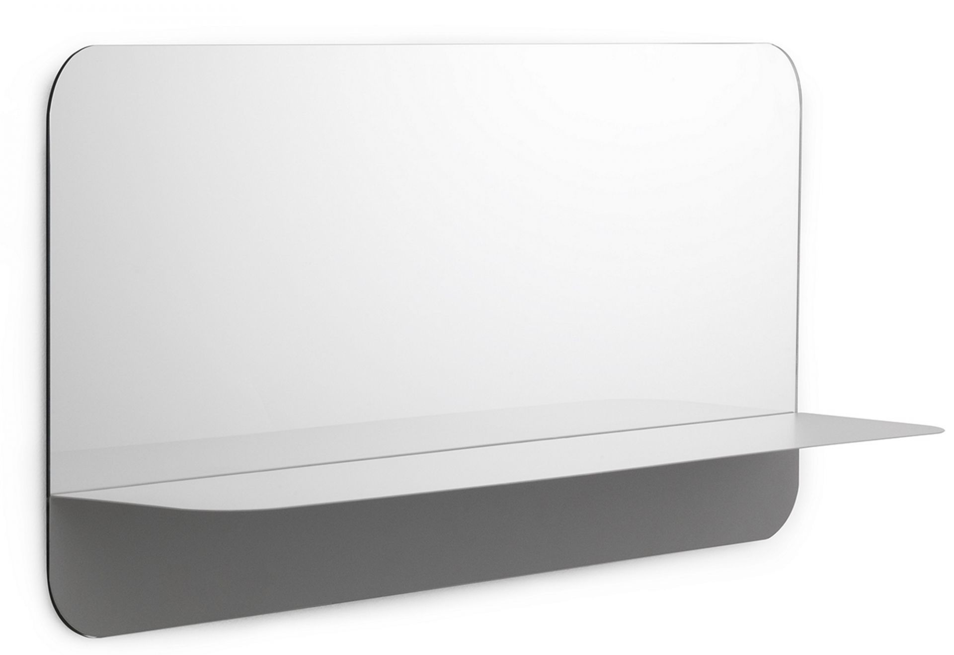 Horizontaler Horizon Spiegel von Normann Copenhagen mit Ablage in Grau. Wandspiegel für Badezimmer und Flur.