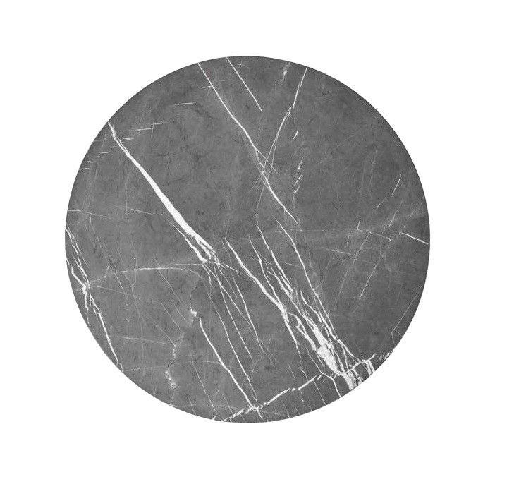 Detailaufnahme der Marmorplatte des runden Vipp Couchtisches Ø90, grauer Stein mit weißen Adern.