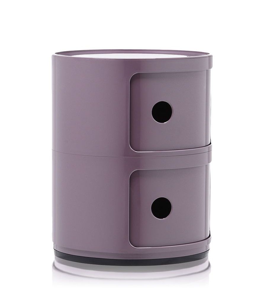 Lila Kartell Componibili 2er Element Aufbewahrungsschrank mit zwei Fächern und runden Grifföffnungen, modernes Design.