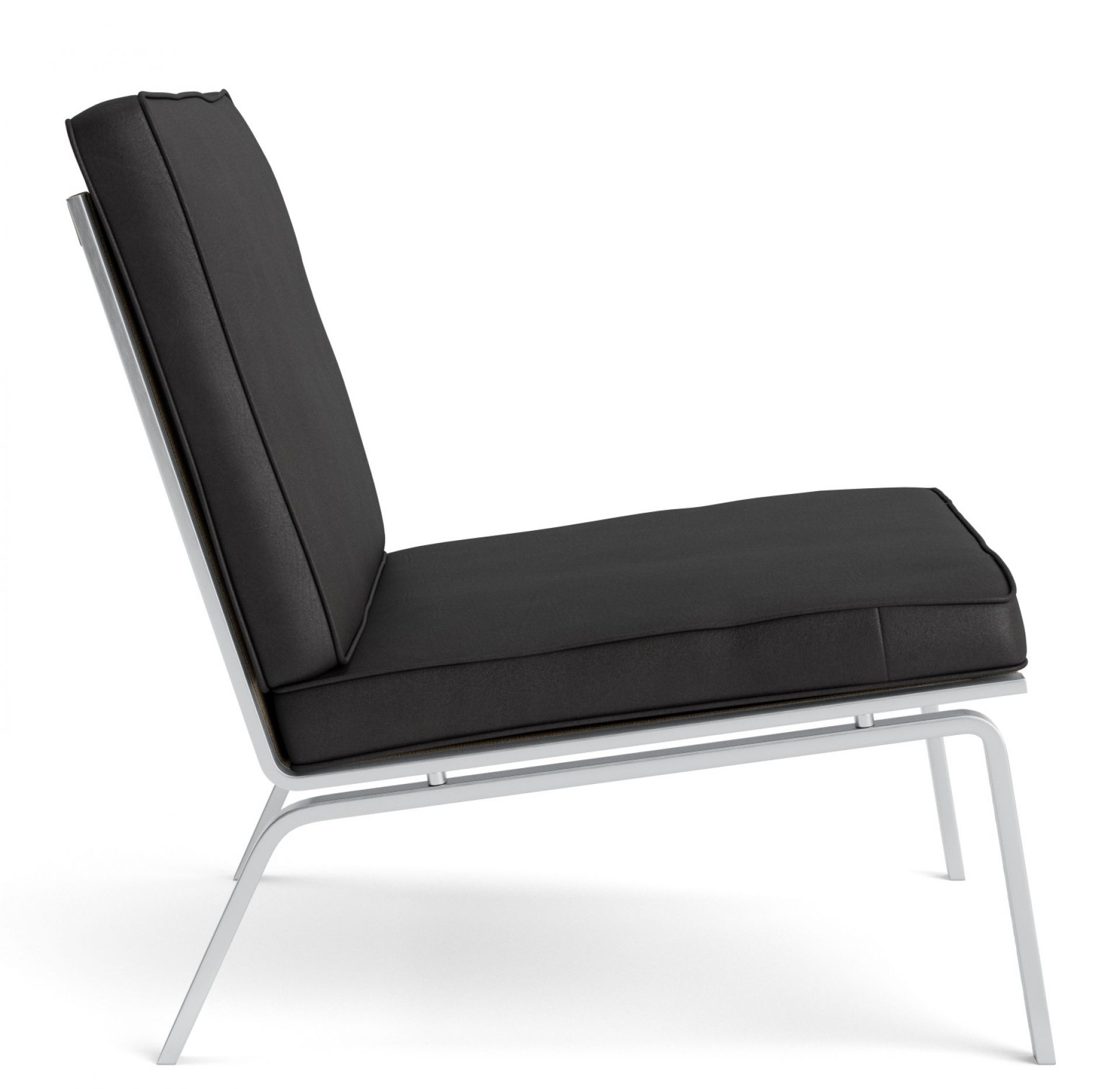 Anthrazitfarbener Man Lounge Chair Sessel von Norr11 mit silbernem Gestell, Seitenansicht. Bequemer Design Sessel für Wohnzimmer.