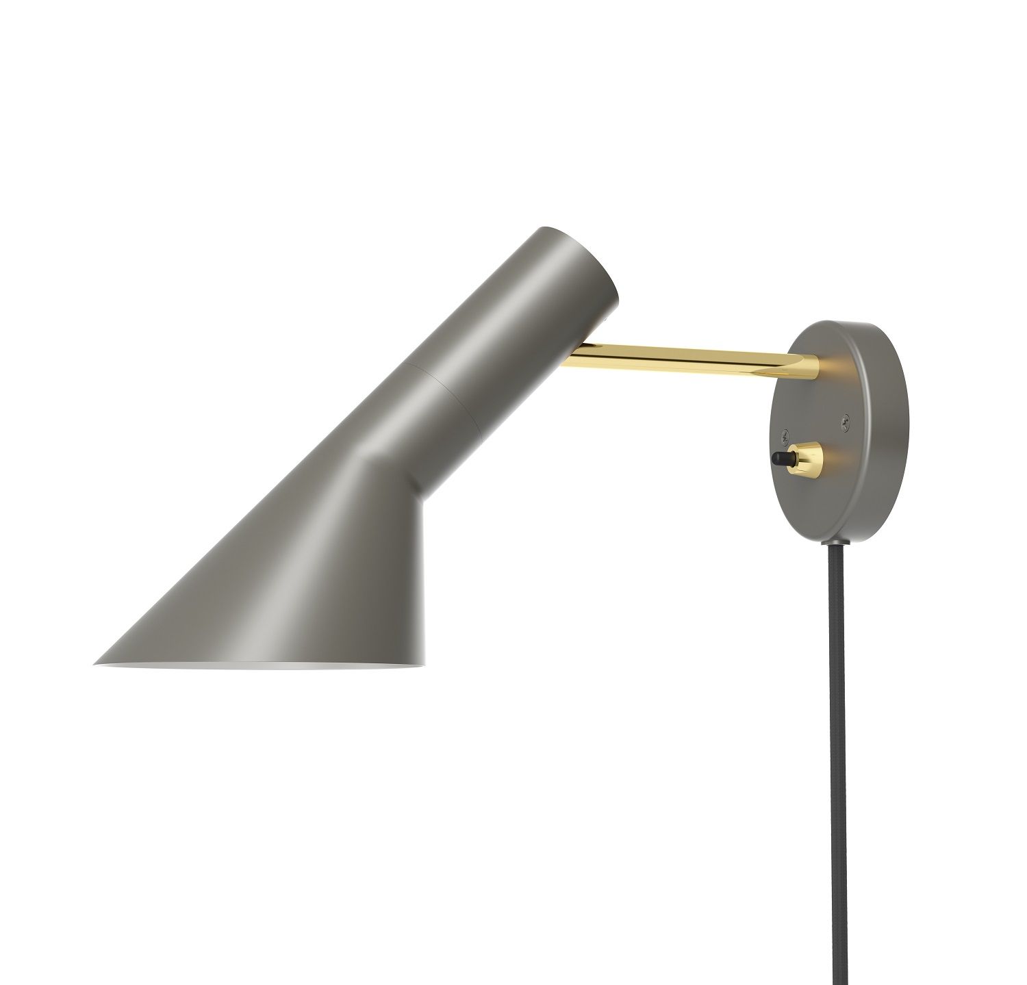 AJ Wandleuchte von Louis Poulsen in Grau mit Messing-Details, modernes Design für Innenräume.