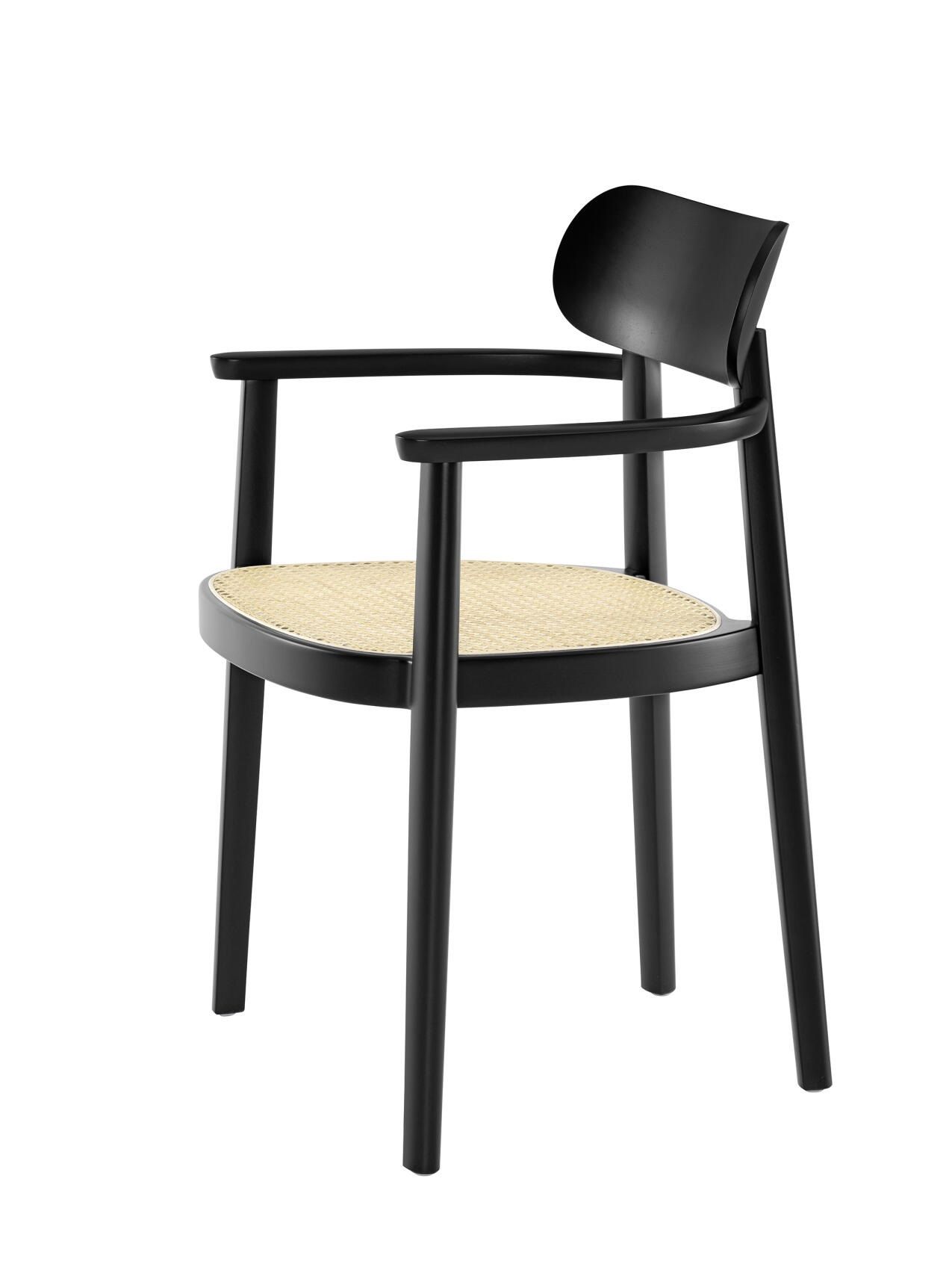 Schwarzer 118 FV Holzstuhl von Thonet mit Armlehnen und Wiener Geflecht Sitzfläche.