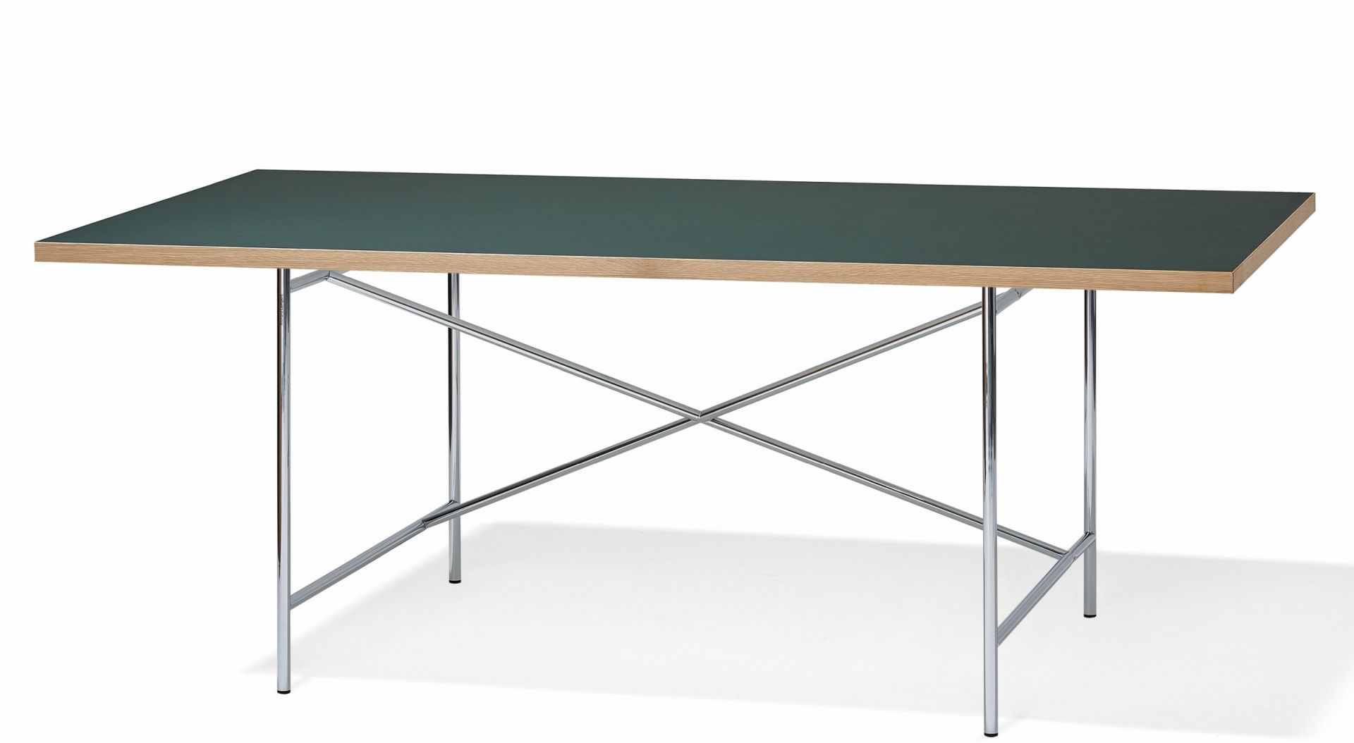 Eiermann Tisch mit Linoleum-Tischplatte in Konifere und verchromtem Gestell. Moderner Schreibtisch für Büro und Zuhause.