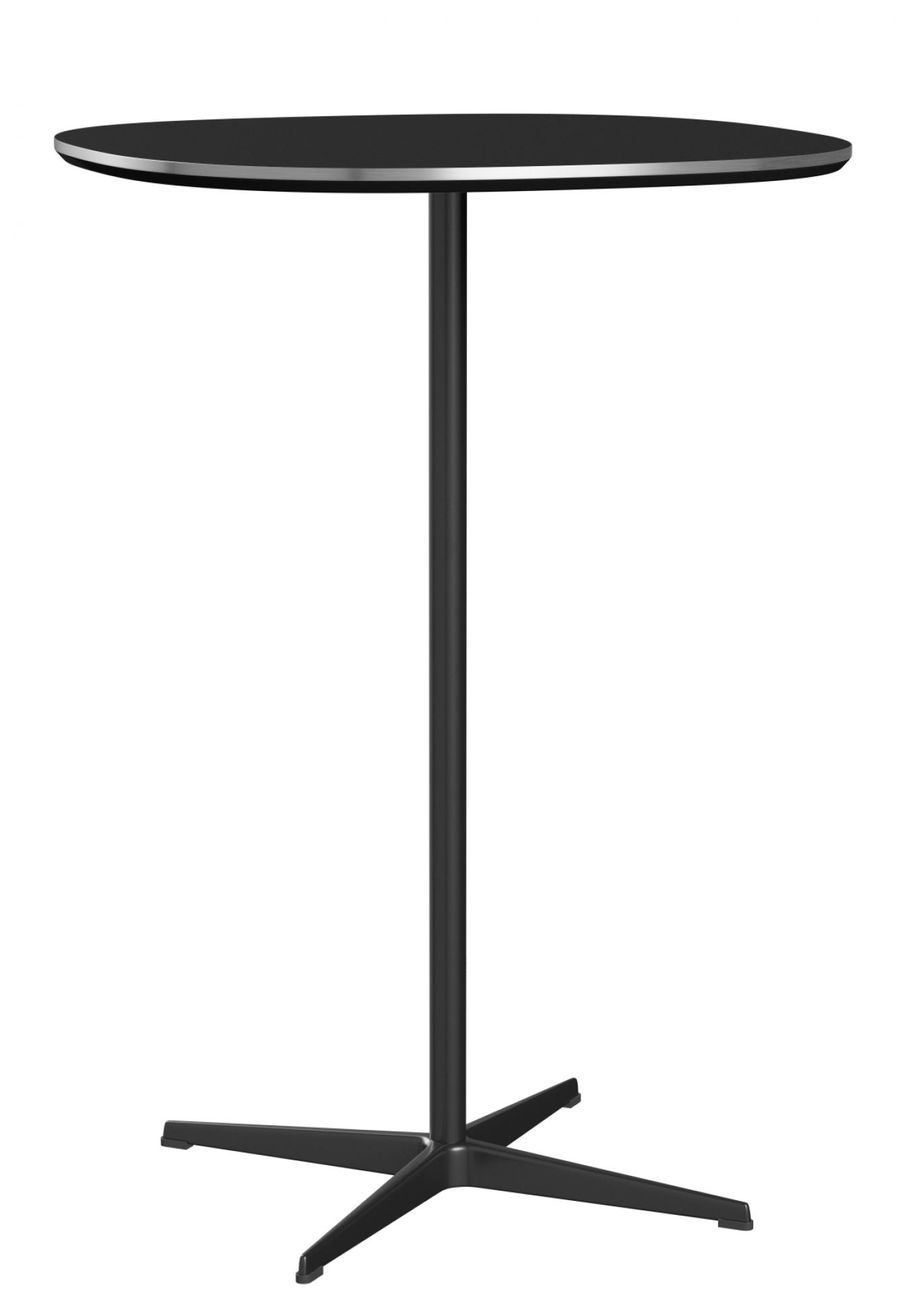 Schwarzer Fritz Hansen Stehtisch Zirkular mit runder Tischplatte und vierbeinigen Fußkreuz für Büro und Gastronomie.