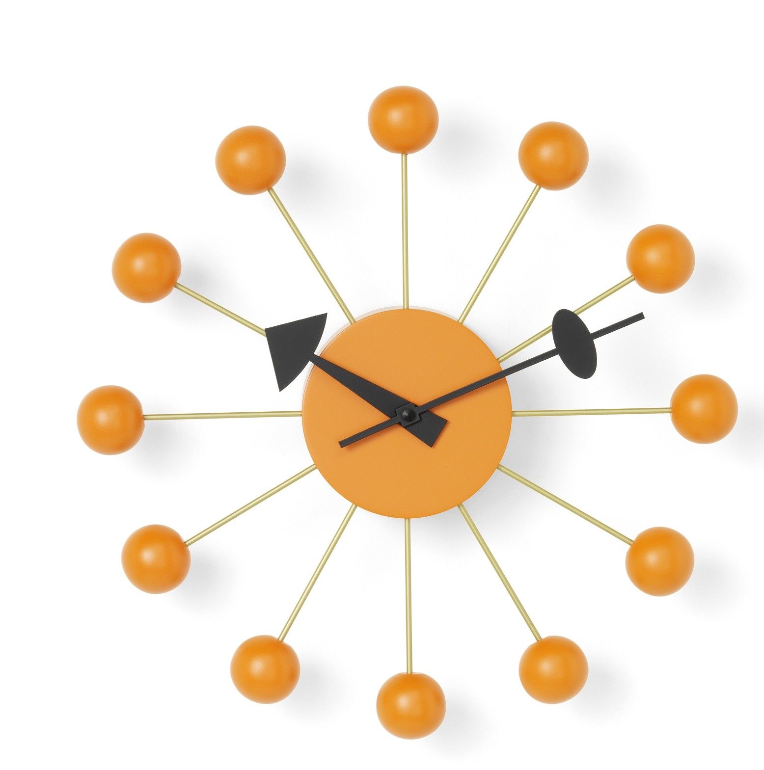 Orange Vitra Ball Clock Wanduhr mit schwarzen Zeigern und goldenen Streben. Design Wanduhr.