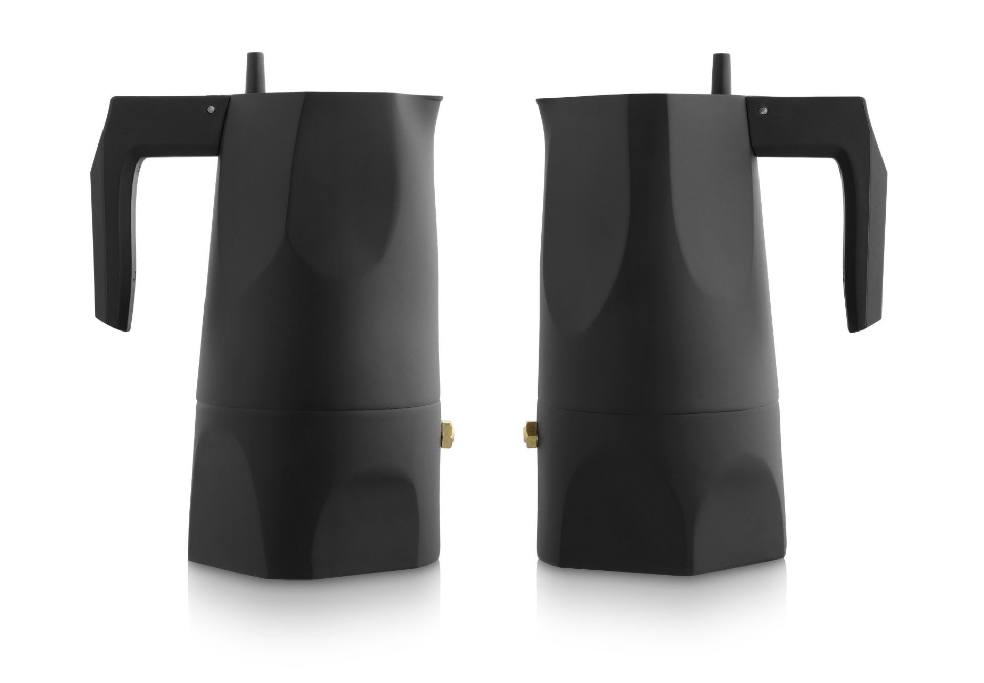 Zwei schwarze Alessi Espressokocher Ossidiana, klassische italienische Kaffeemaschine für aromatischen Espresso.