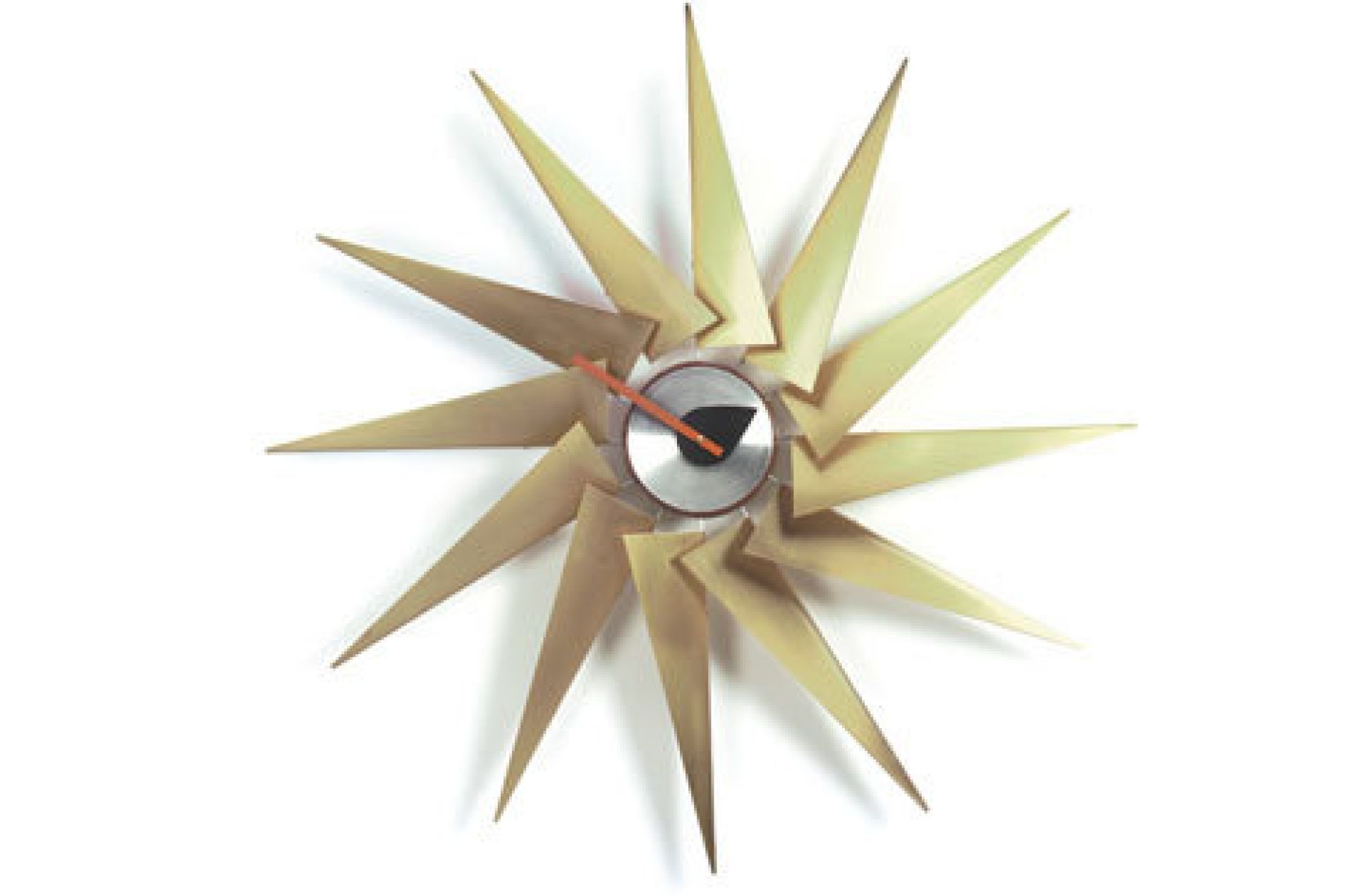 Vitra Wanduhr "Turbine Clock" mit goldenen, sternförmigen Elementen und roten Zeigern, modernes Design für Wohnzimmer.