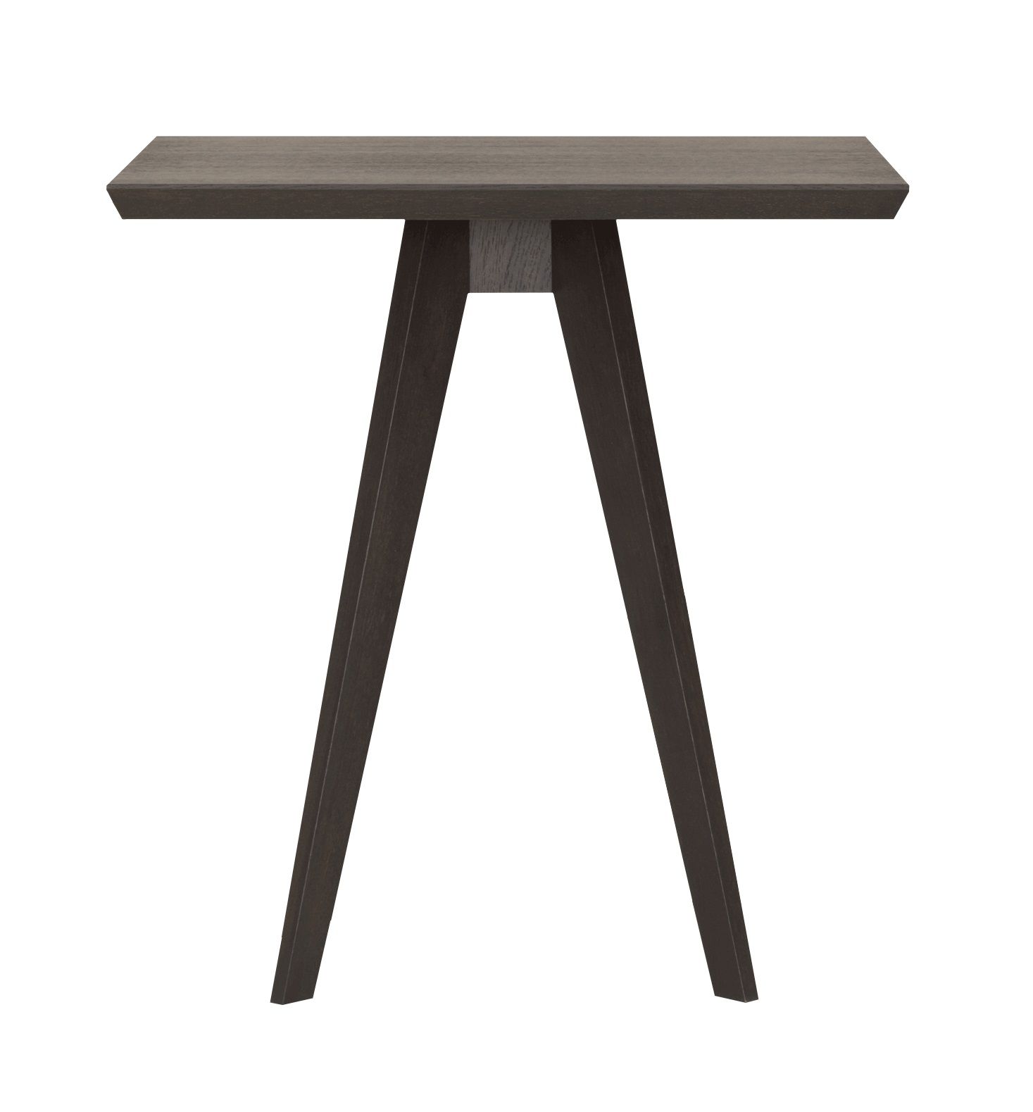 Quadratischer CENA Tisch aus dunklem Holz mit schrägen Beinen, ideal als Esstisch oder Beistelltisch.