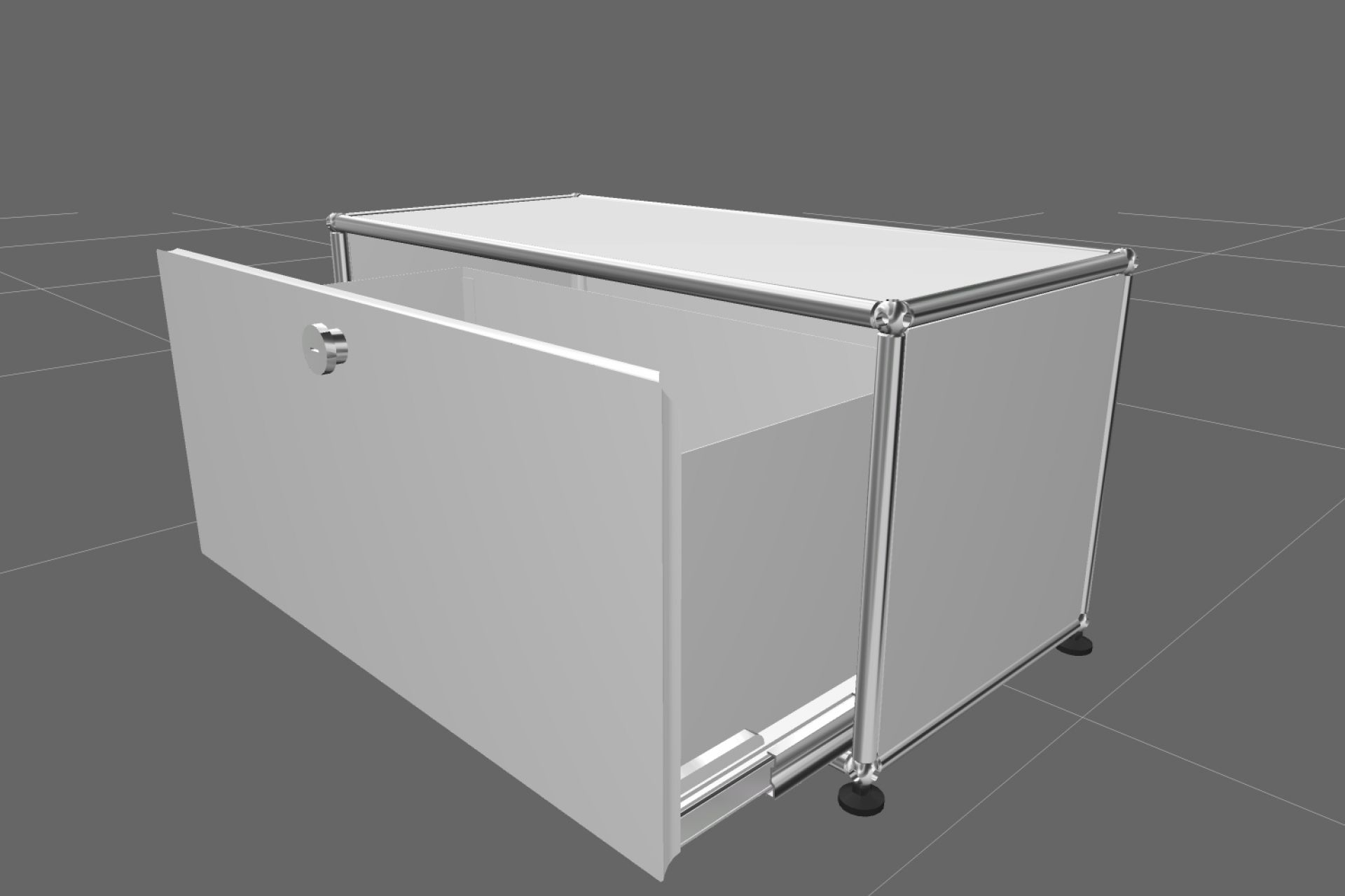 USM Haller Lowboard in Reinweiß mit offener Schublade, modernes Designmöbel für stilvolle Wohnräume.