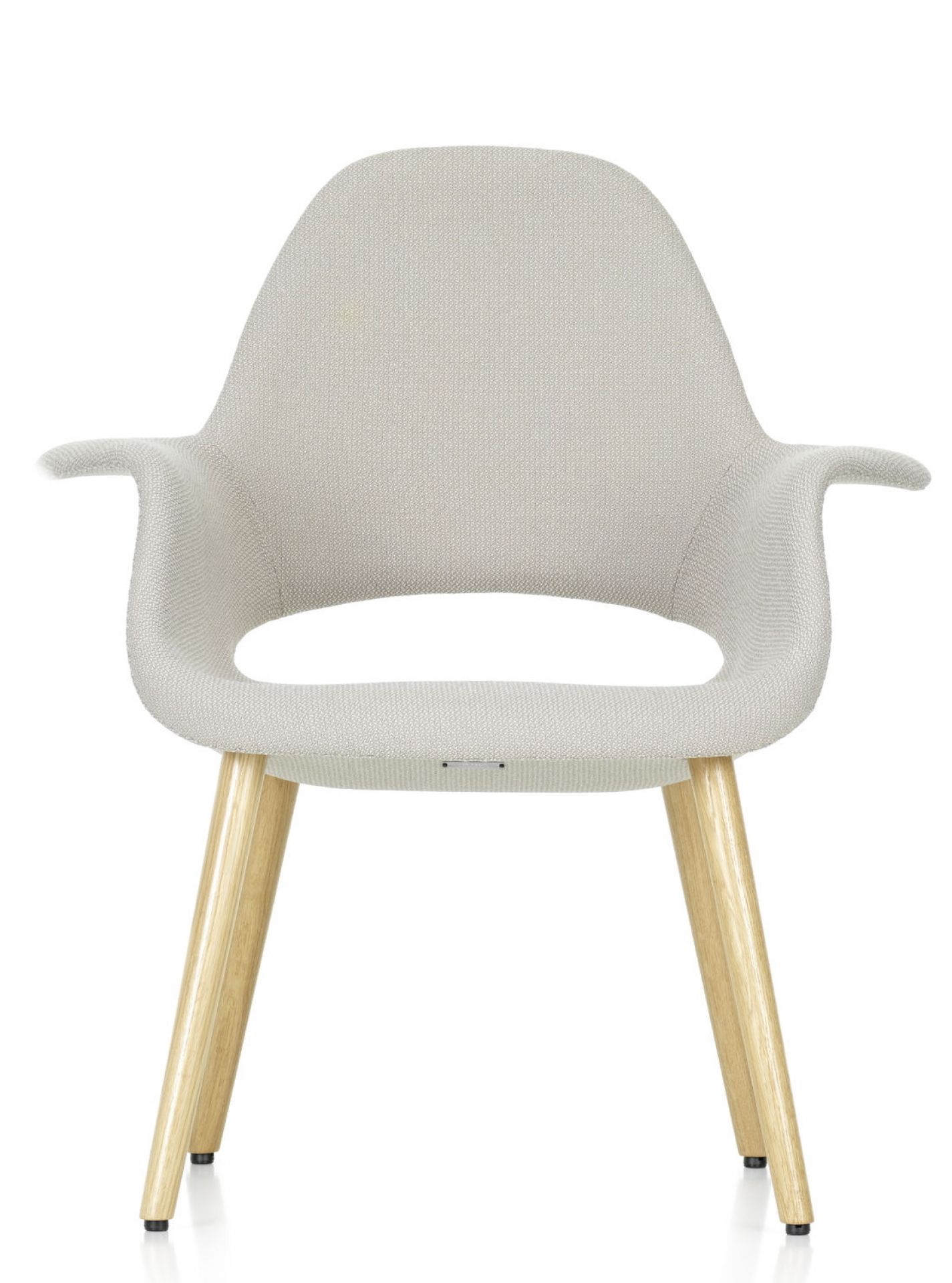 Vorderansicht des Organic Chair Stuhls von Vitra mit hellgrauem Bezug und Holzbeinen.