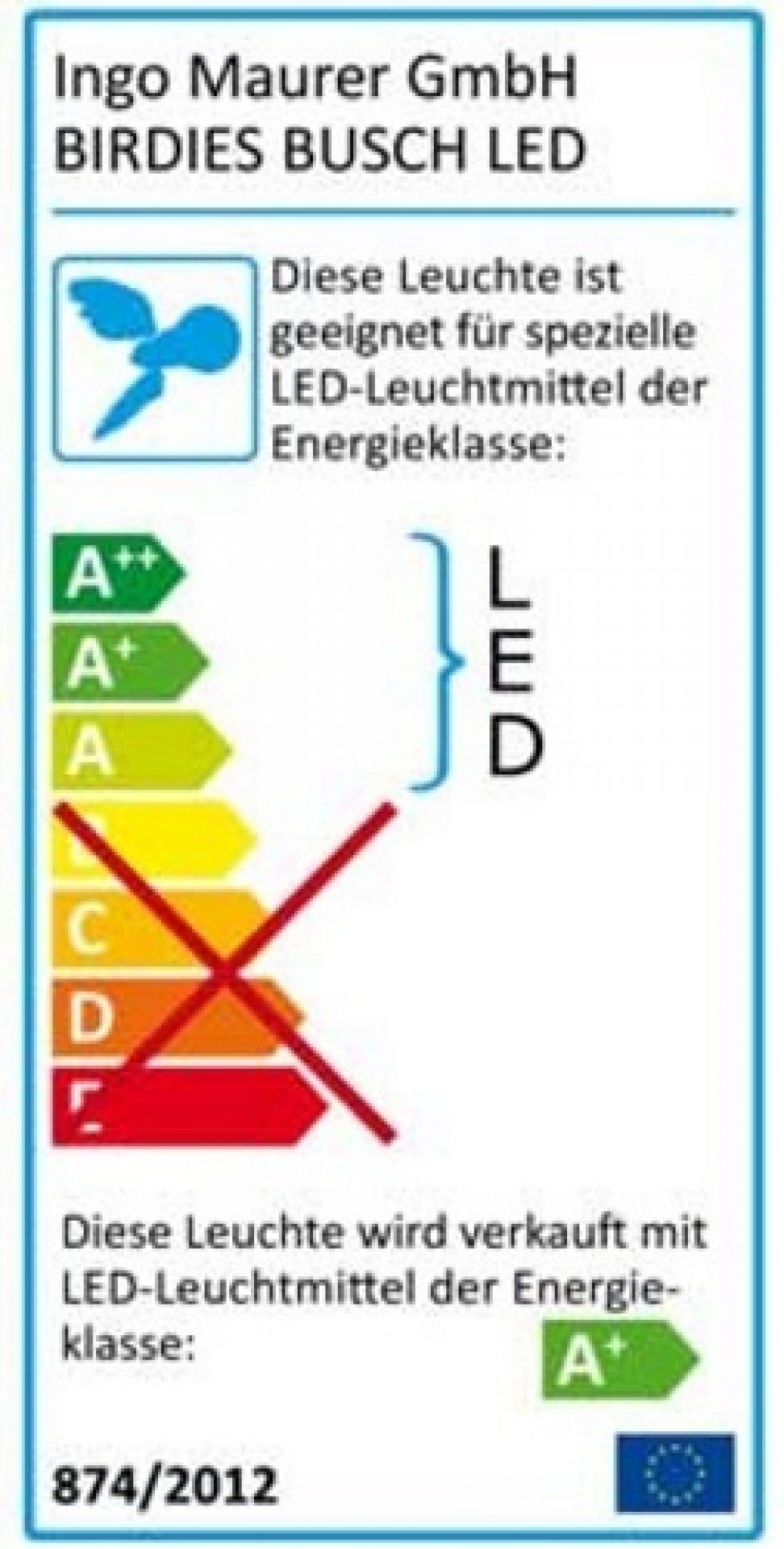 Energieeffizienzlabel der Birdies Busch LED Tischleuchte von Ingo Maurer mit A+ Bewertung.