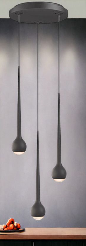 Graue "Falling Sun" Pendelleuchte mit drei Lampen, modernes Design für Wohnzimmer und Esszimmer.