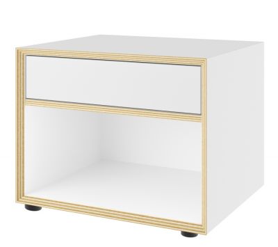 Weiße Vertiko Kommode von Müller Möbelwerkstätten mit Schublade und offenem Fach aus Birkenholz.