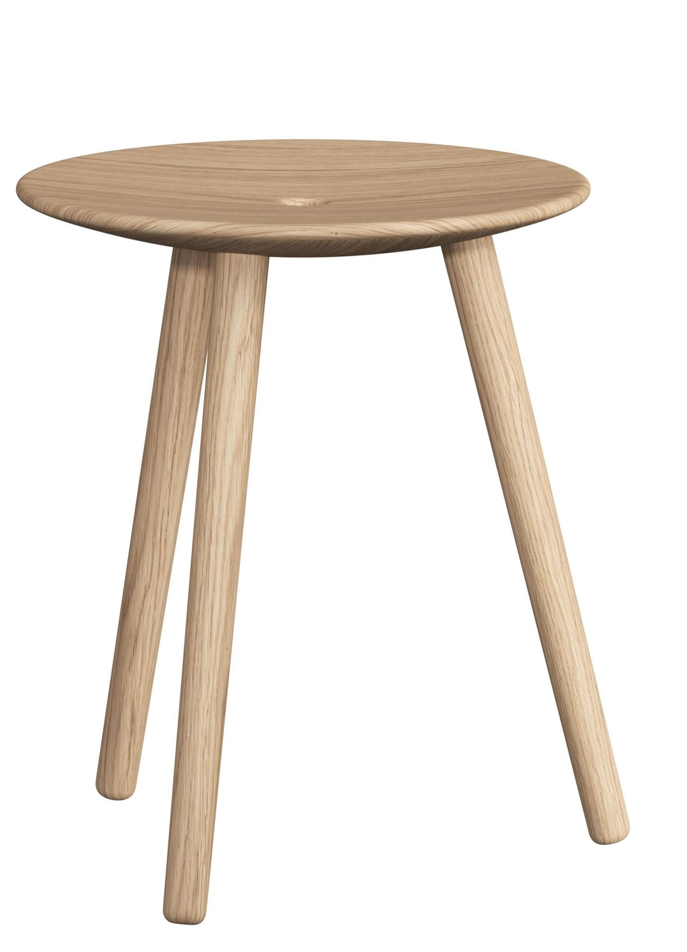 DI Volo Hocker aus hellem Holz von Novoform, runder Sitz mit drei Beinen.