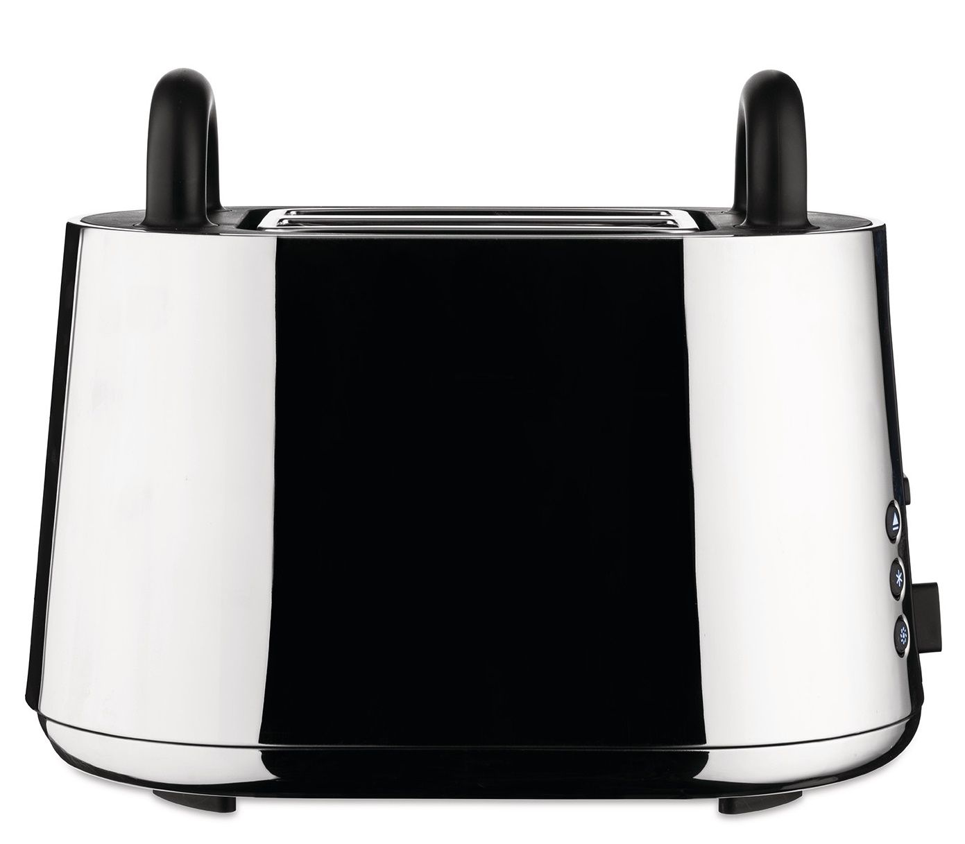Alessi Toaster NE03 B Toru aus poliertem Edelstahl, Frontansicht. Design-Toaster für knusprige Brotscheiben.