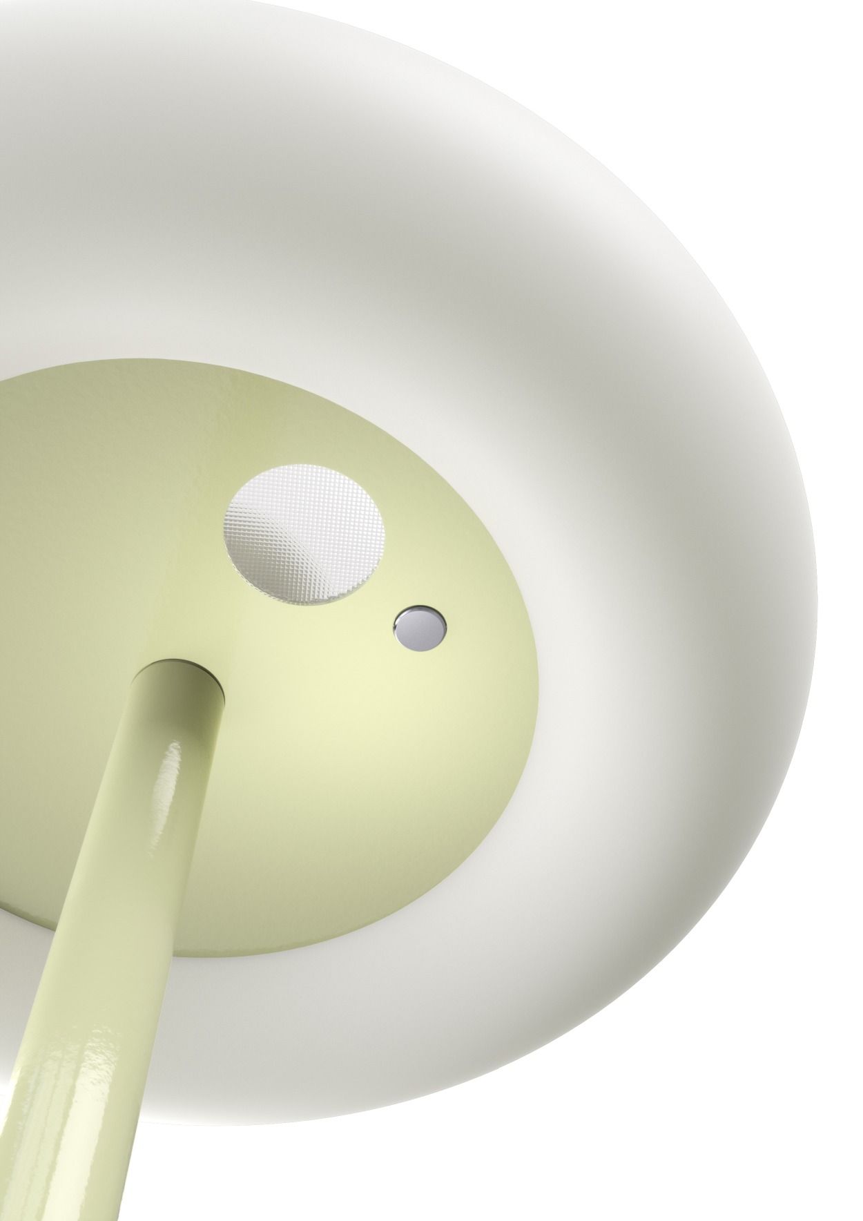 Detailaufnahme der Belux Oto Stehleuchte mit Rundfuß in Sandbeige und warmweißem Licht.