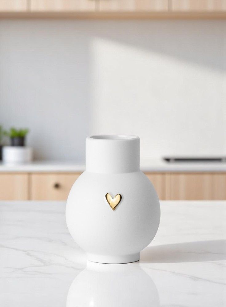Weiße Kugelvase mit goldenem Herz-Detail, moderne Dekoration für Zuhause, Lovely Mini Vase.
