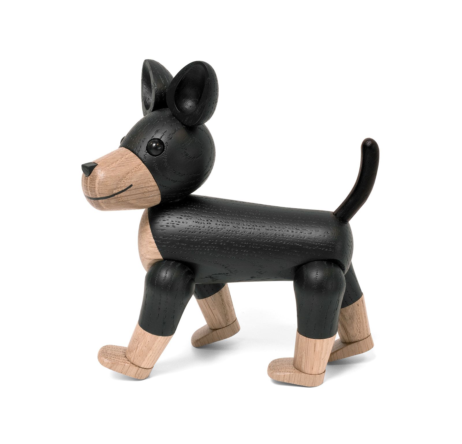 Charlie Hundefigur: Dekorative Holzfigur eines stehenden Hundes in Schwarz und Naturholz.