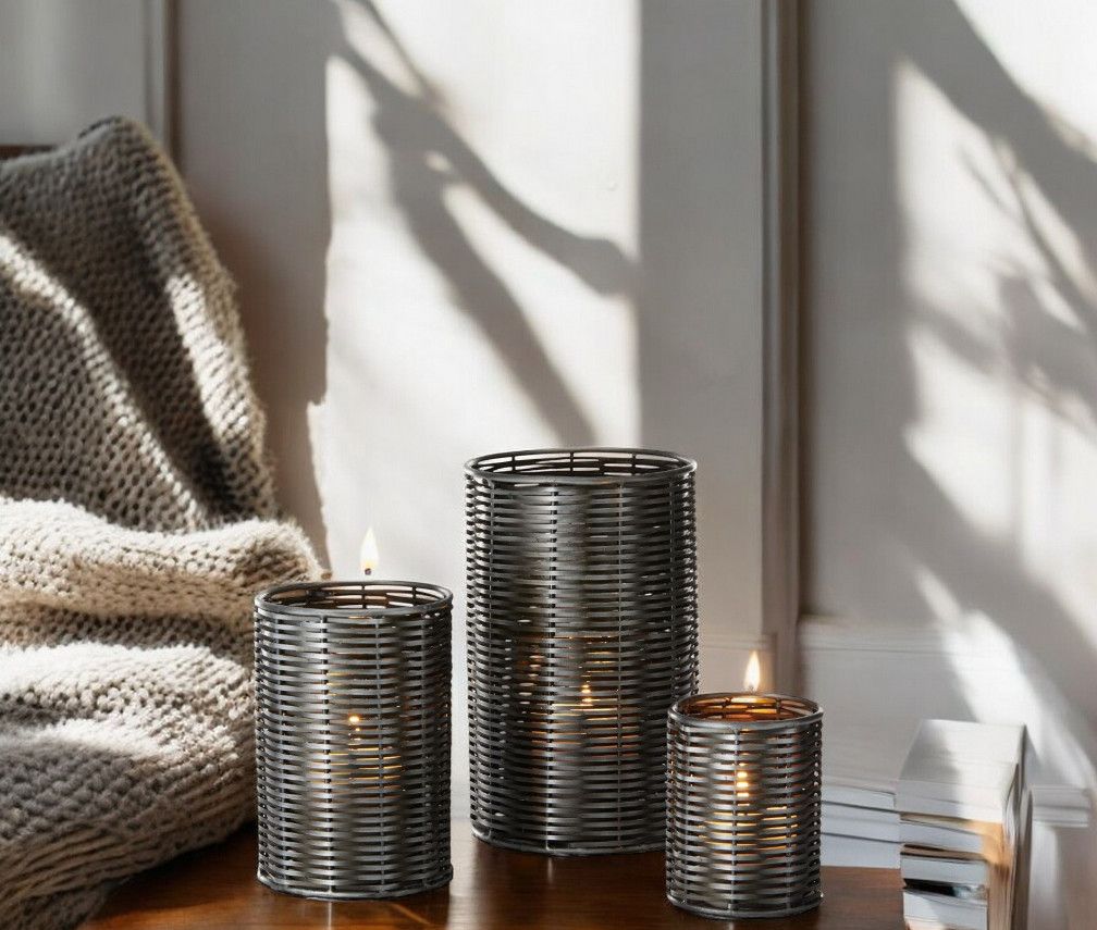 SALA Windlicht 3er Set: Moderne, graue Metall-Windlichter mit brennenden Kerzen für stimmungsvolle Beleuchtung.