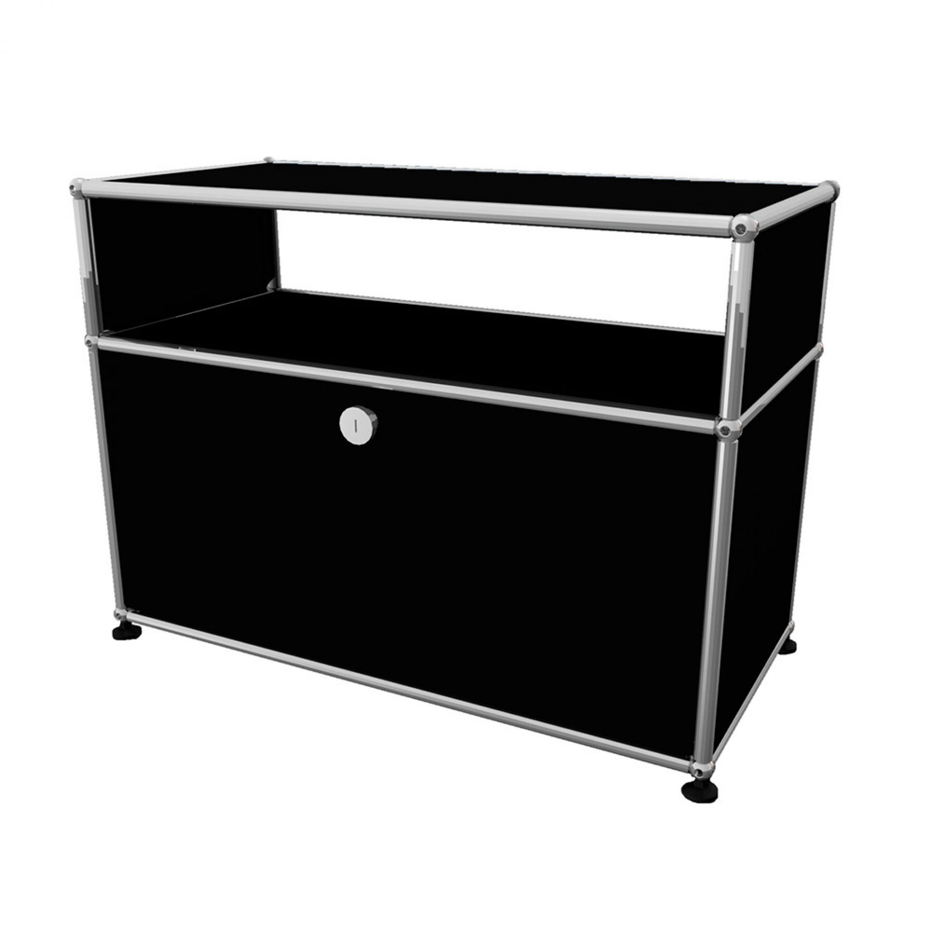 USM Haller Beistellmöbel graphitschwarz mit einer Schublade und offenem Fach, modernes Designmöbel.