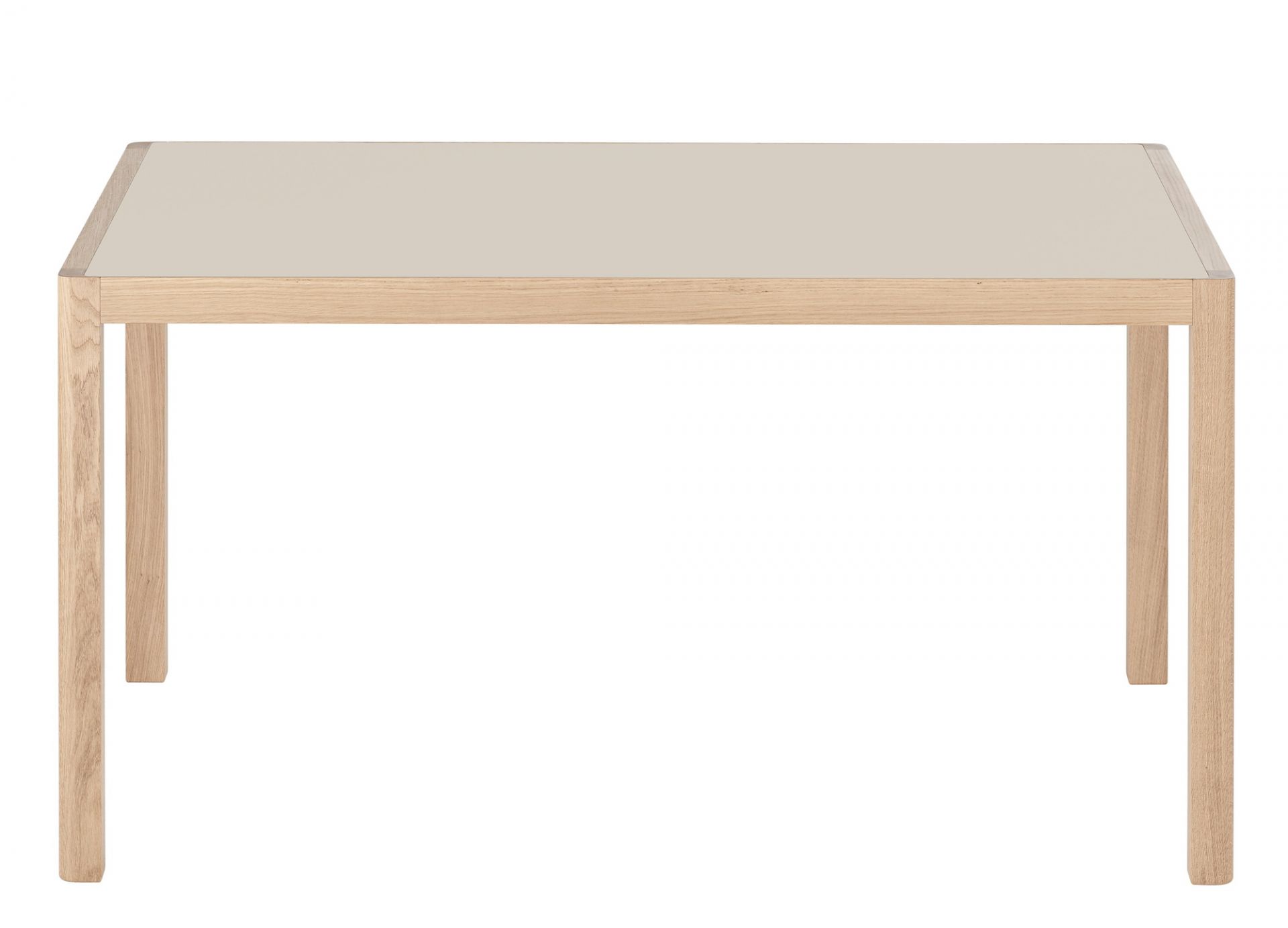 Muuto Workshop Table Tisch mit quadratischer, beiger Tischplatte und hellem Holzgestell, Frontansicht.