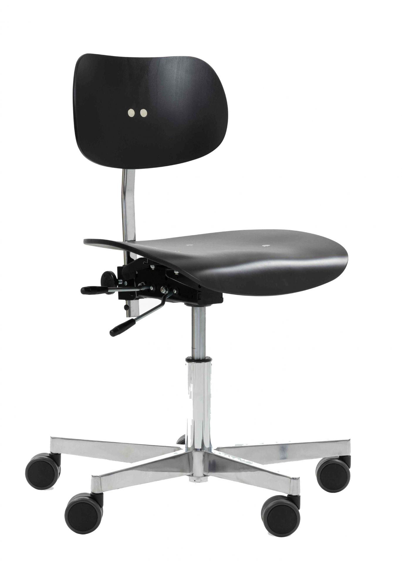 Schwarzer S 197 Drehstuhl von Wilde+Spieth mit Rollen und verstellbarer Rückenlehne. Ergonomischer Bürostuhl.