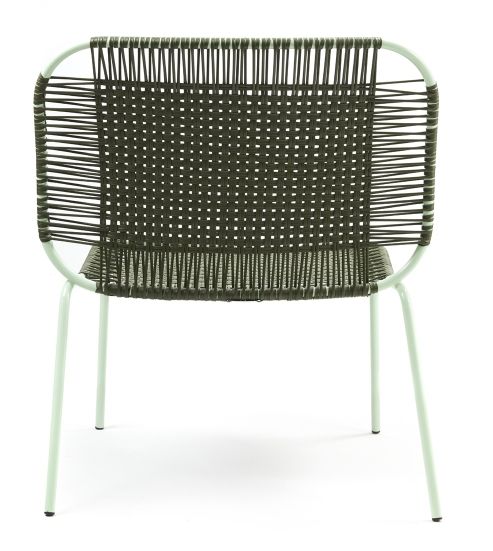 Rückansicht des Cielo Lounge Stuhls in Olivgrün und Pastellgrün, Outdoor-Möbel.