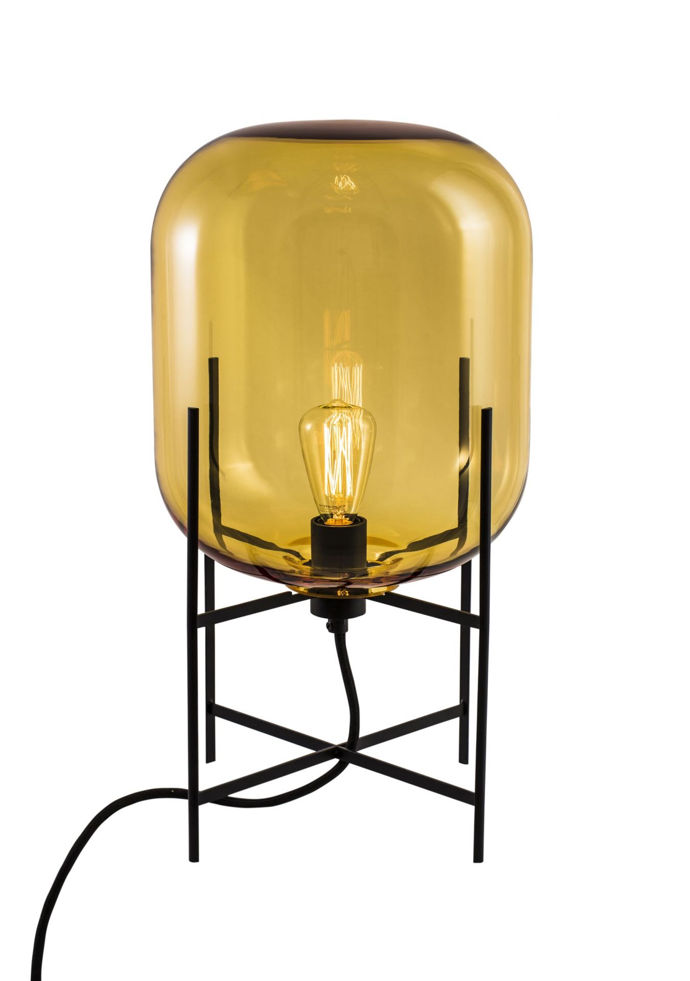 Oda Tischleuchte: Gelbe Glasleuchte mit schwarzem Metallgestell für Wohnzimmer und Schlafzimmer.