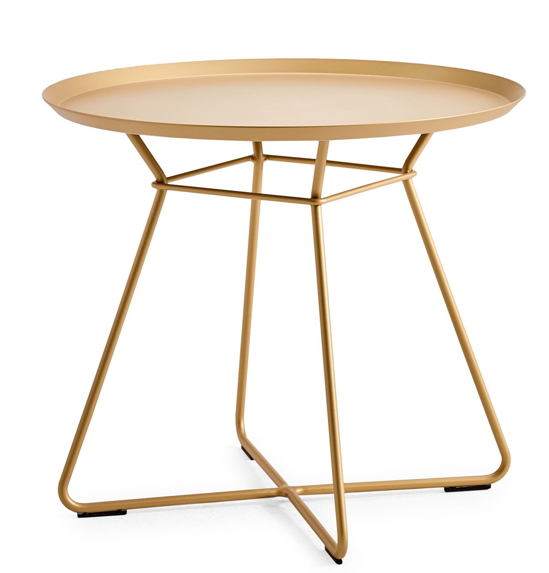 Goldener Leya Couchtisch von Freifrau Manufaktur mit runder Tischplatte und filigranem Metallgestell.