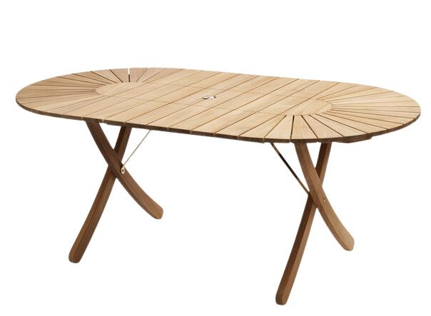 Selandia Esstisch von Skagerak: Ovaler Outdoor-Tisch aus Teakholz mit X-förmigem Untergestell.