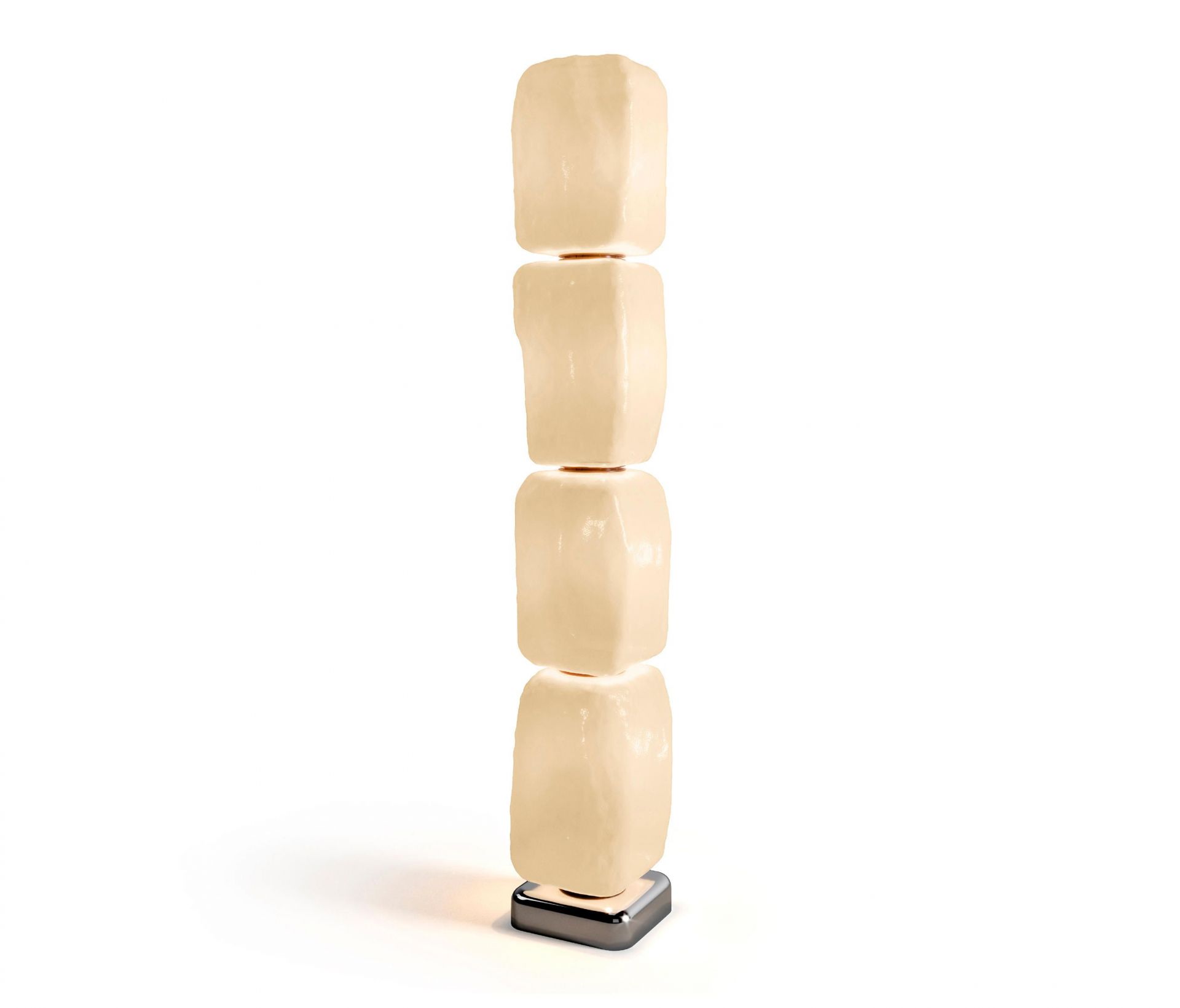 Cassina Wax Stone Light Stehleuchte: Vier übereinander gestapelte, organisch geformte Leuchtelemente auf quadratischem Sockel.